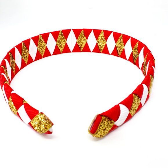 Handmade Diamond Pattern Red Glitter Gold White Double Ribbon Headband SF 49ers - Picture 3 of 4